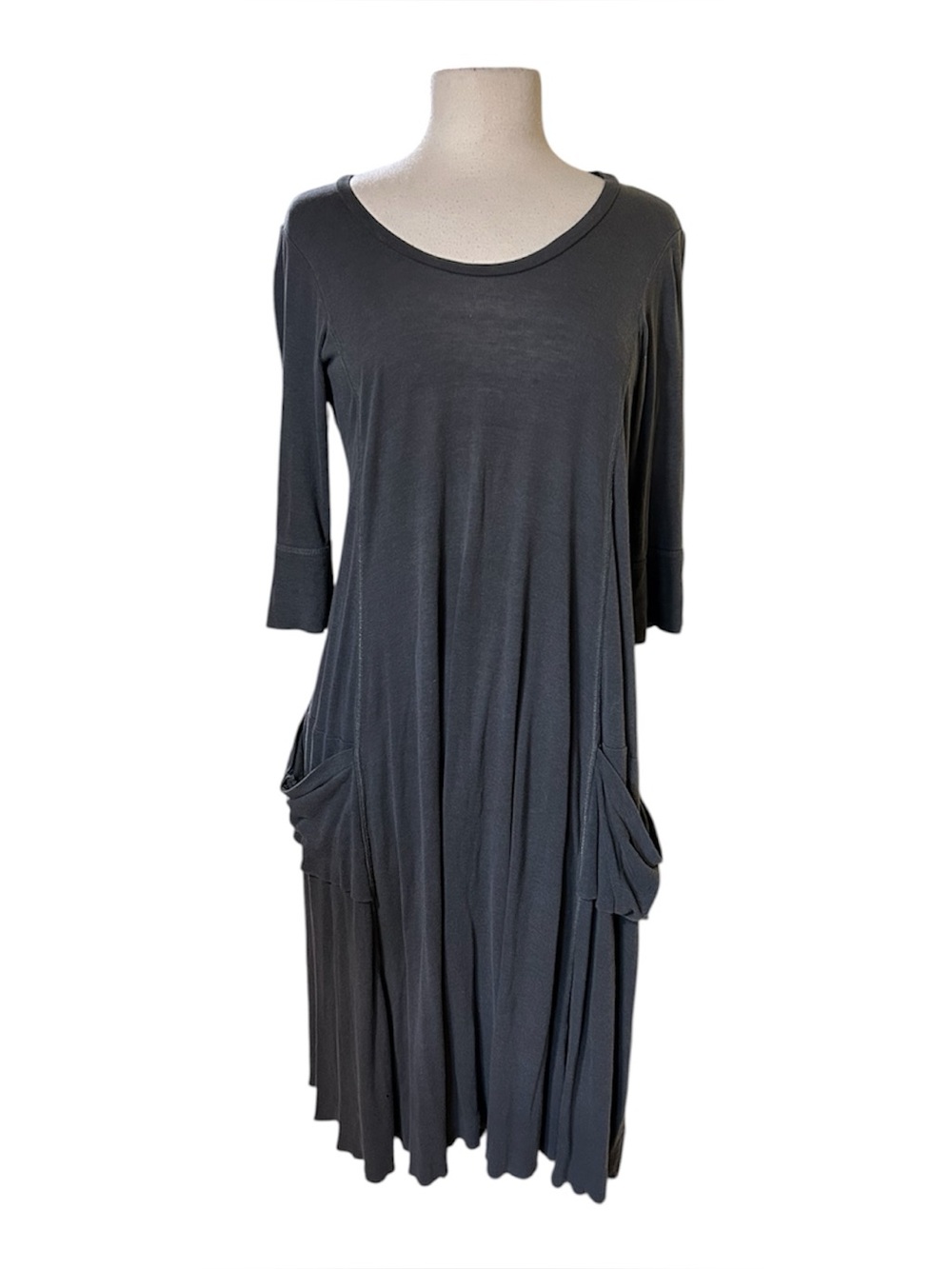 NEESH BY DAR Gray Bohemian Lagenlook Minimalist Slub Cotton Midi Dress S/M 36”
